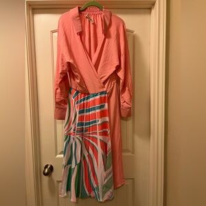 Emilio Pucci Coral Pink Wrap Maxi Dress with Multicolor Printed Skirt